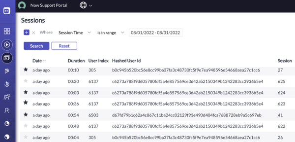 Some records bookmarked as favourites in a sessions list.