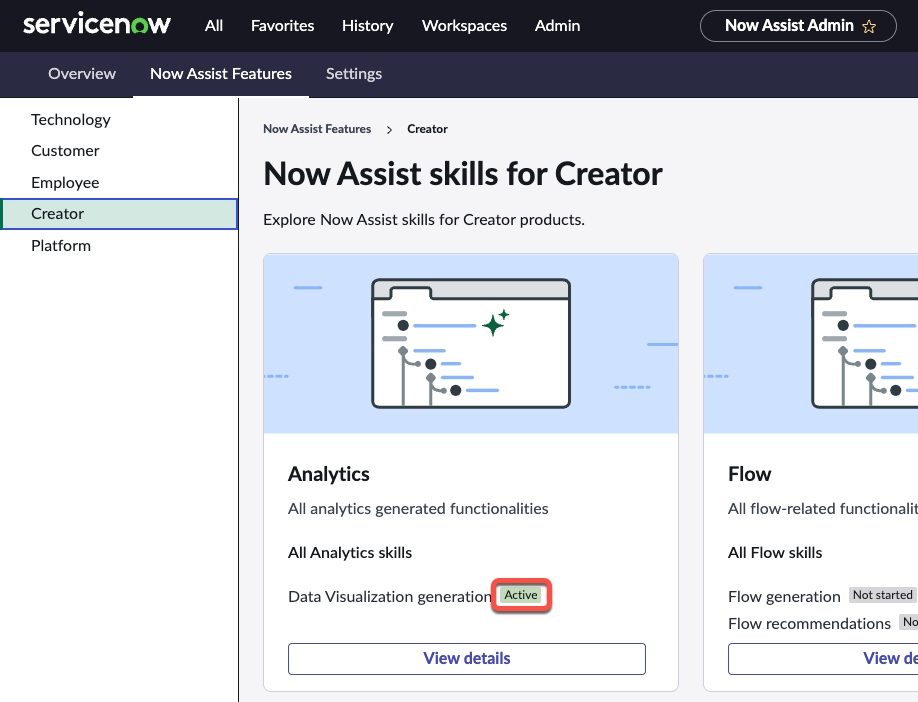 The Analytics tile in Now Assist skills for Creator, showing the Data Visualization generation skill as active.