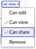 Rights selector for a user, group, or role that a dashboard was shared with.