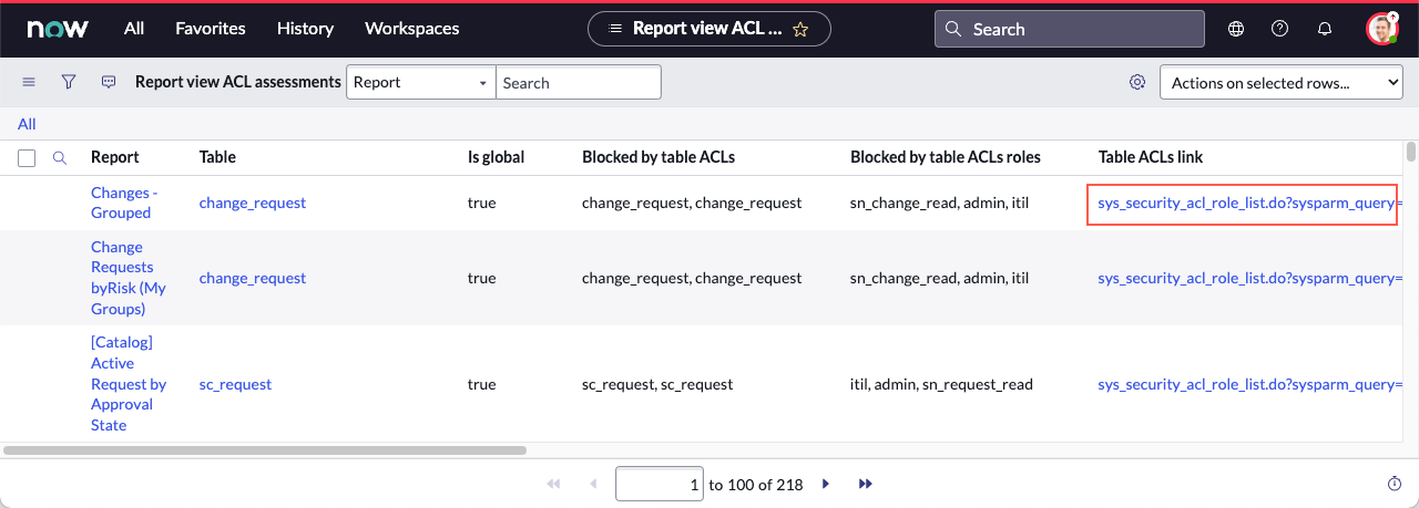 Affected reports list with one blocking ACL link highlighted