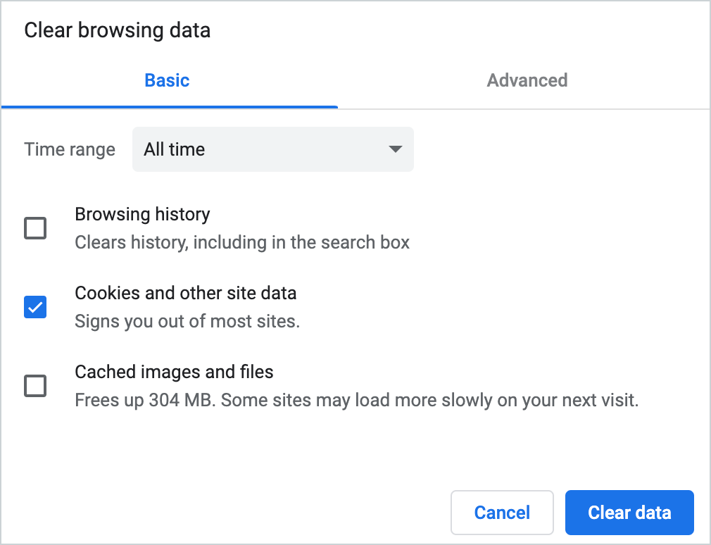 Settings to clear local storage cookies.