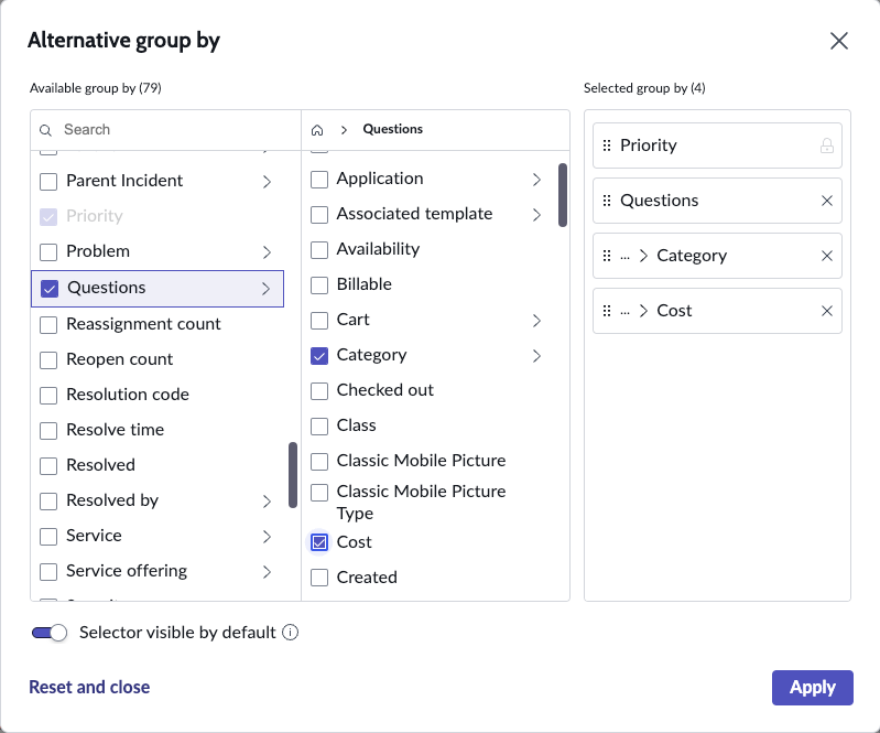 Additional group by selector for questions.