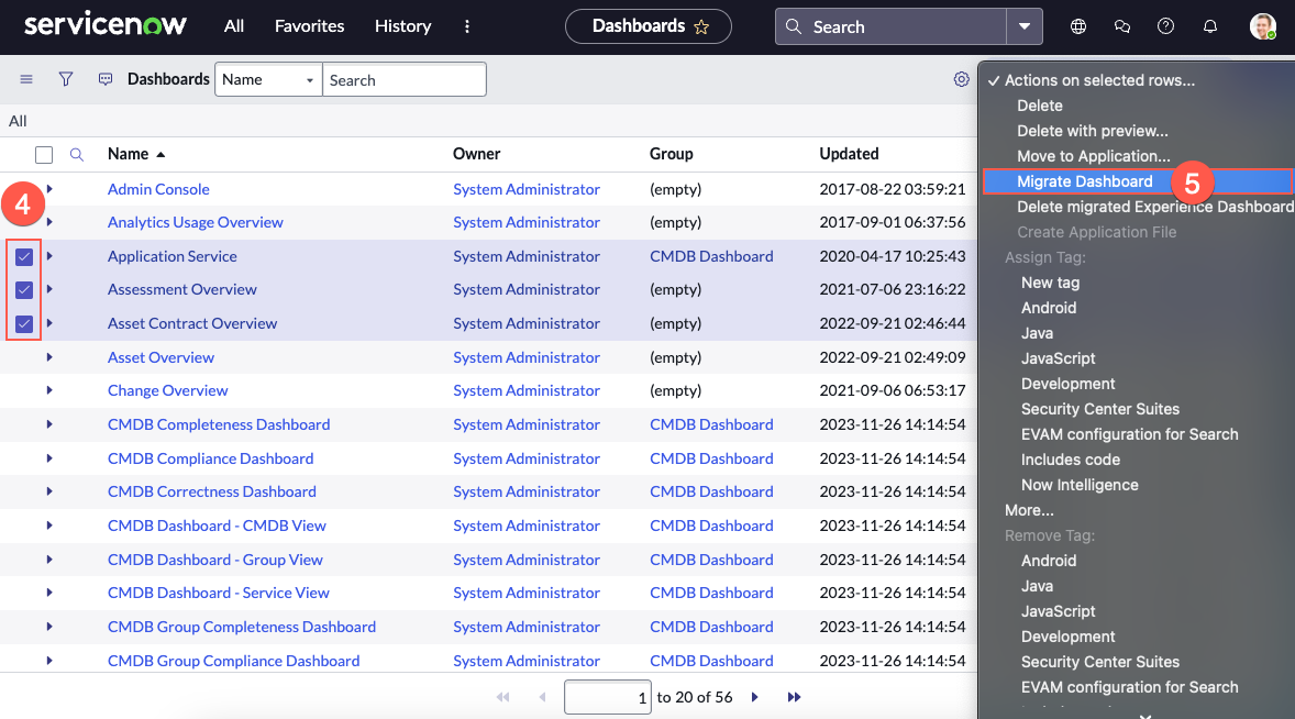 Dashboard list with three dashboards highlighted as well as the Migrate Dashboard link on the Actions on selected rows menu