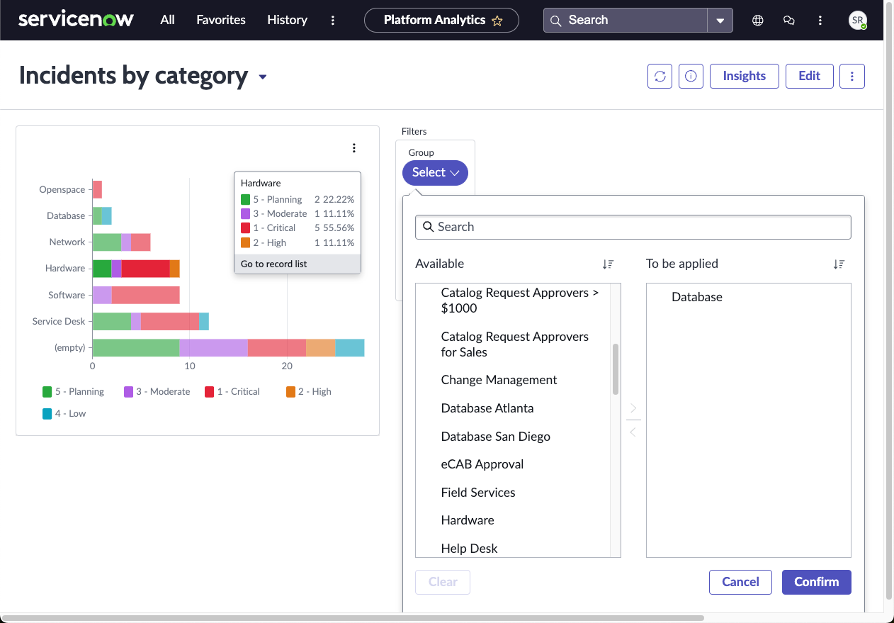 Platform Analytics dashboard showing Incidents by category in a data visualization with a filter being selected.