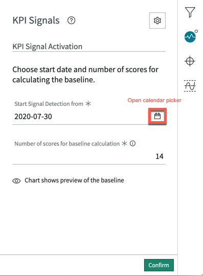 The KPI Signals panel after giving yourself responsibility for a KPI, showing fields for resetting start date and number of points to calculate baseline