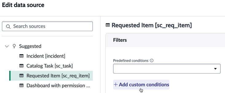 The Add custom conditions link in the Edit data source page.