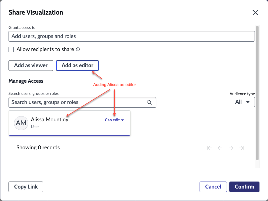 Share Visualization dialog with Alissa Mountjoy being given editing permission.