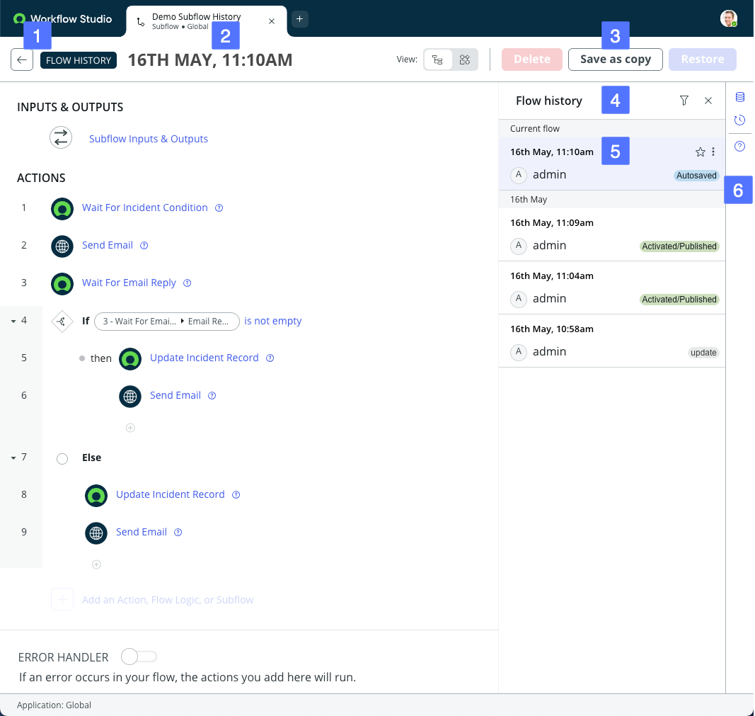 Six composants disponibles dans la vue d’historique de flux pour un exemple de flux secondaire