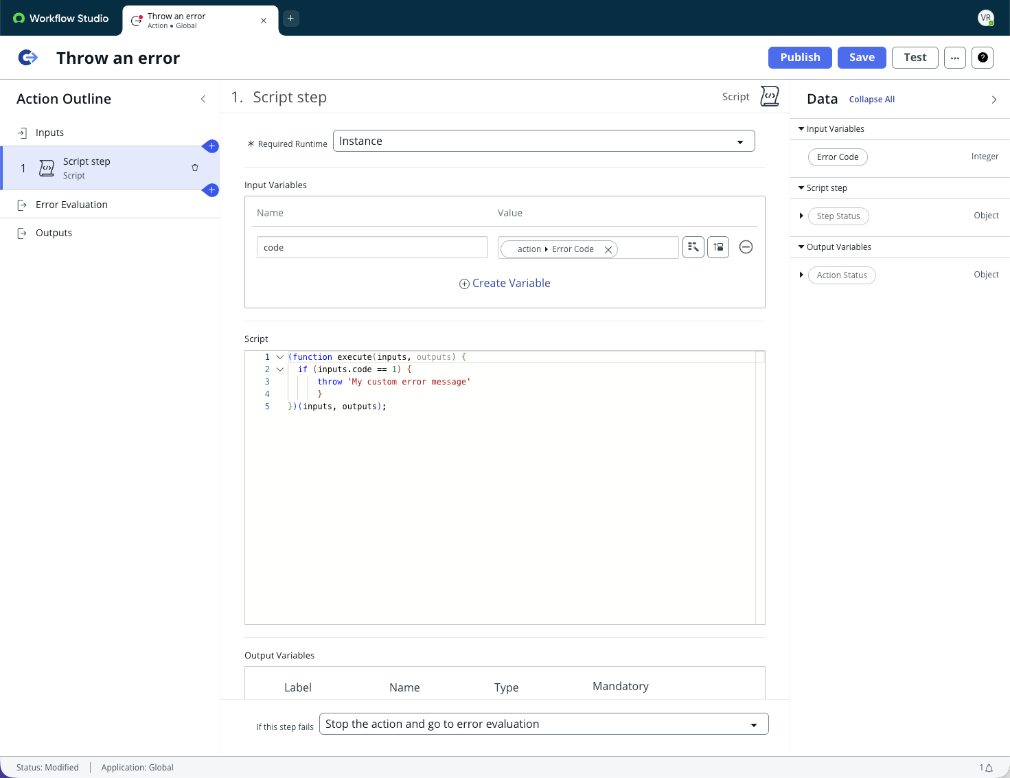 Plan d’action et configuration de l’exemple d’action Générer une erreur.