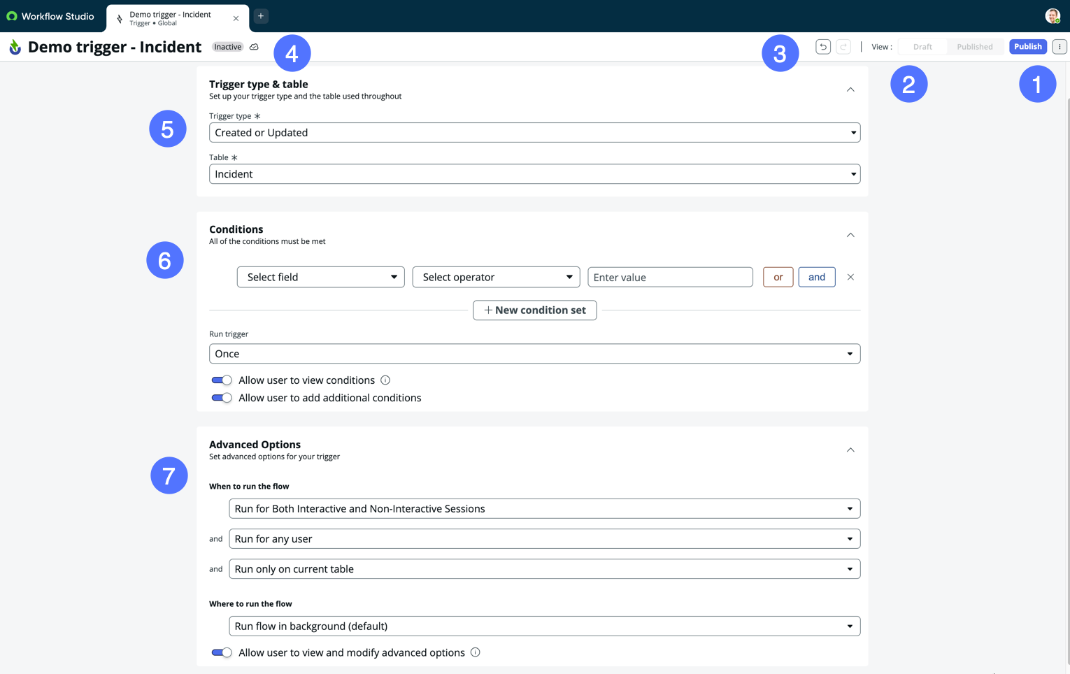 Interface pour la configuration du déclencheur avec des légendes numérotées pour des éléments d’interface utilisateur spécifiques. Pour obtenir une description des éléments d’interface utilisateur, consultez la liste dans le texte suivant.