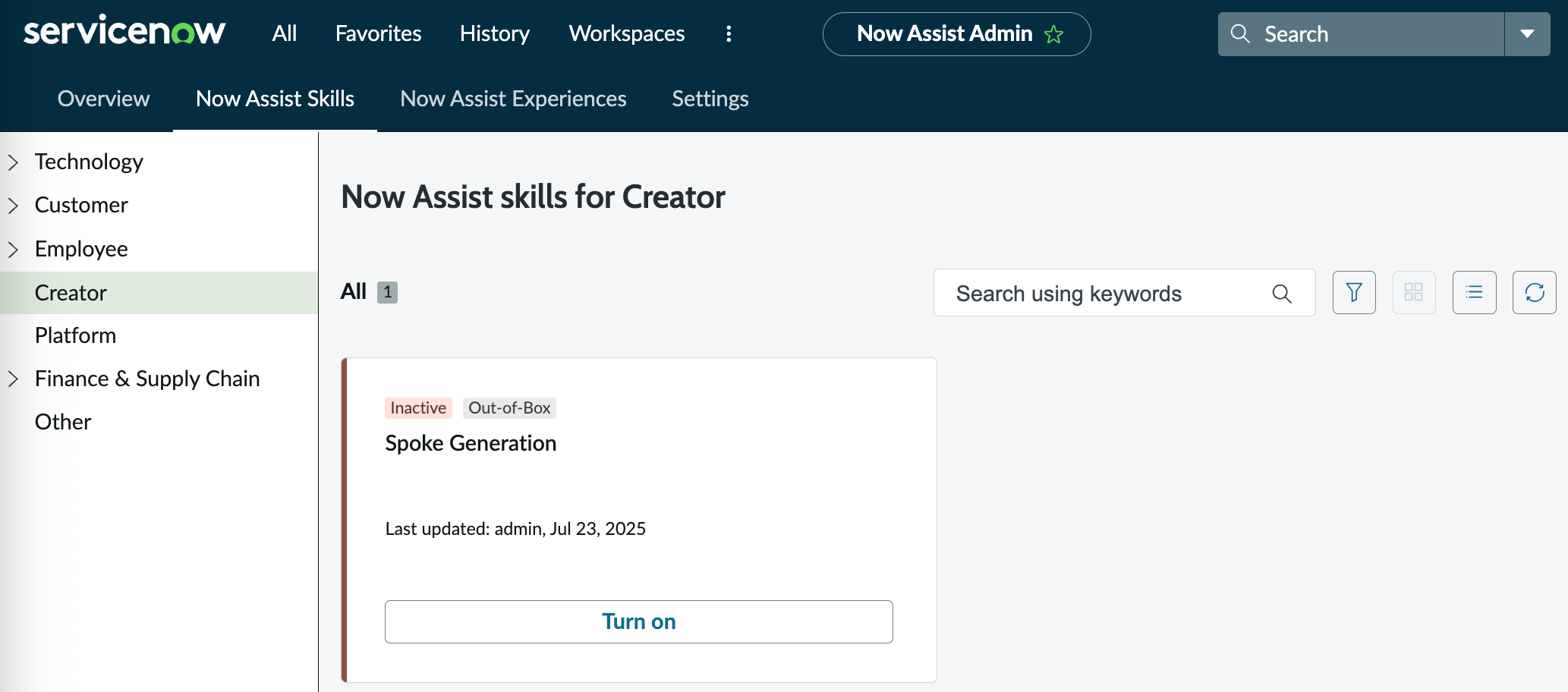 Compétence de génération de spokes dans la Administrateur Now Assist console.