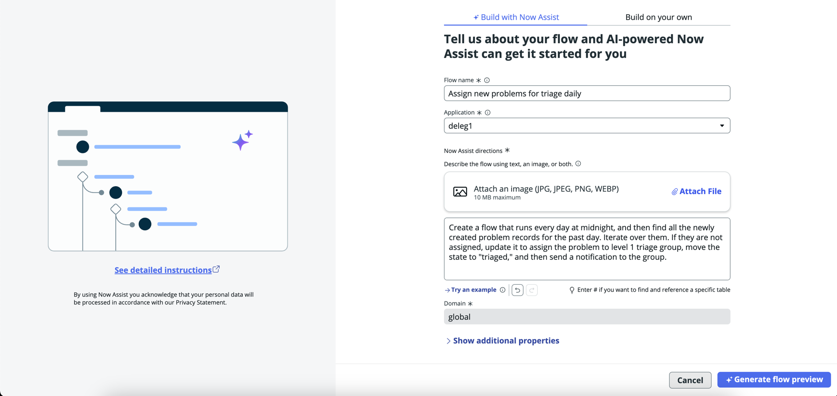 Exemple de fenêtre Créez avec Now Assist avec un flux nommé Tester le flux et des instructions pour créer un flux qui s’exécute tous les jours à minuit.