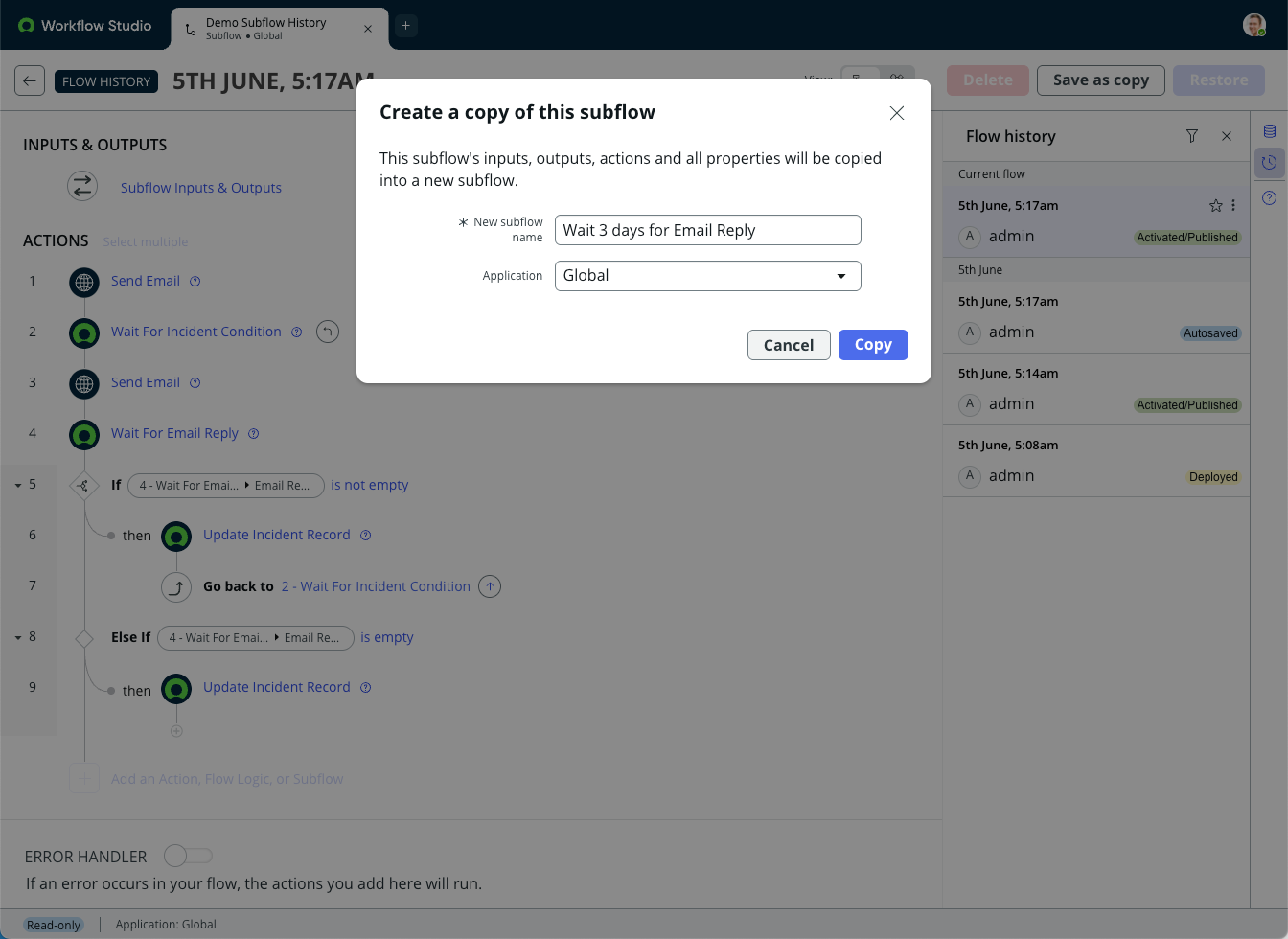 Créer une copie de la boîte de dialogue de ce flux secondaire. Le nouveau nom est Attendre 3 jours pour une réponse par e-mail.