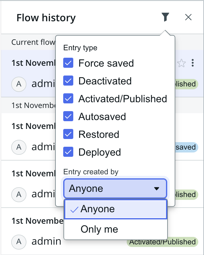 Options de filtre par type d’entrée d’historique de flux et utilisateur