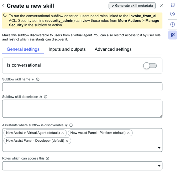 Option permettant de générer des descriptions de la compétence ainsi que des entrées et sorties à l’aide de l’IA générative.
