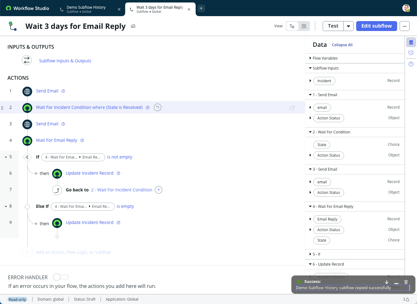 L’onglet Studio de workflow affiche une nouvelle fenêtre Attendez 3 jours pour obtenir une réponse par e-mail.