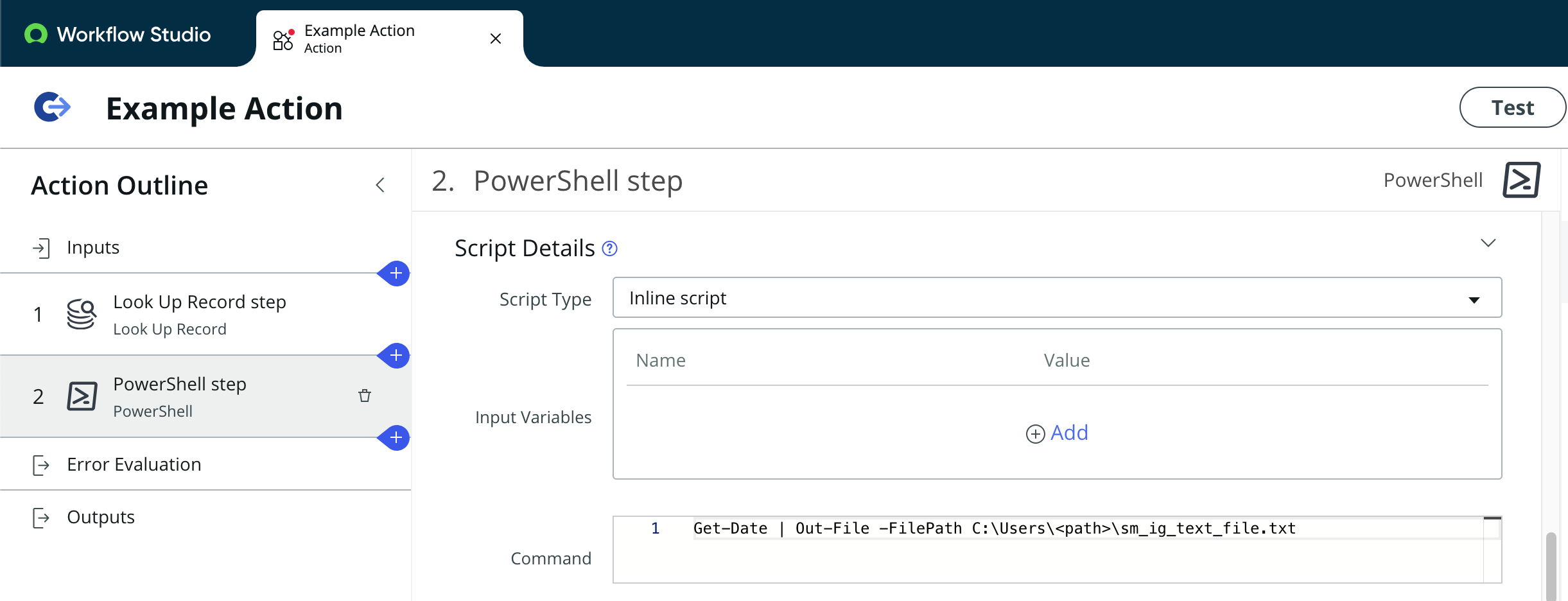 Configuration de script pour l’étape PowerShell