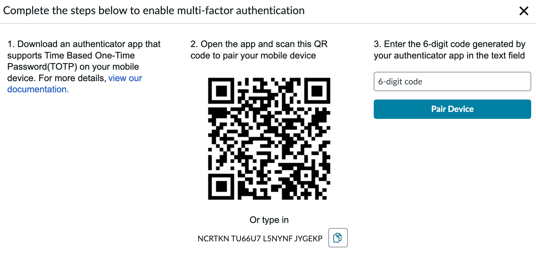 Écran de configuration de l’application d’authentification MFA