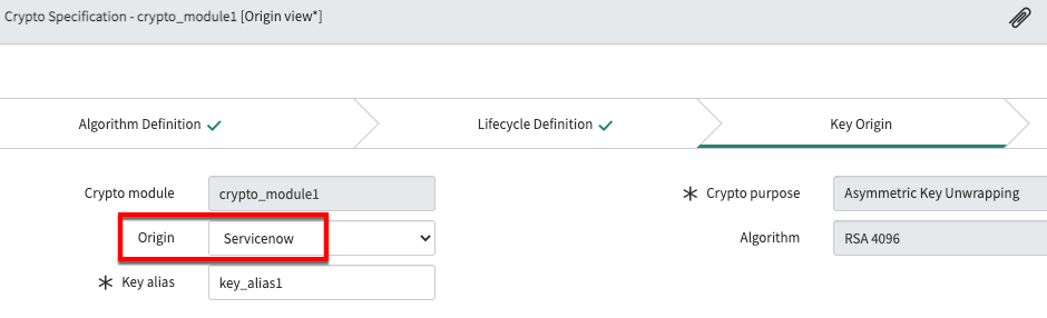 Origine de la clé ServiceNow dans la spécification de chiffrement.