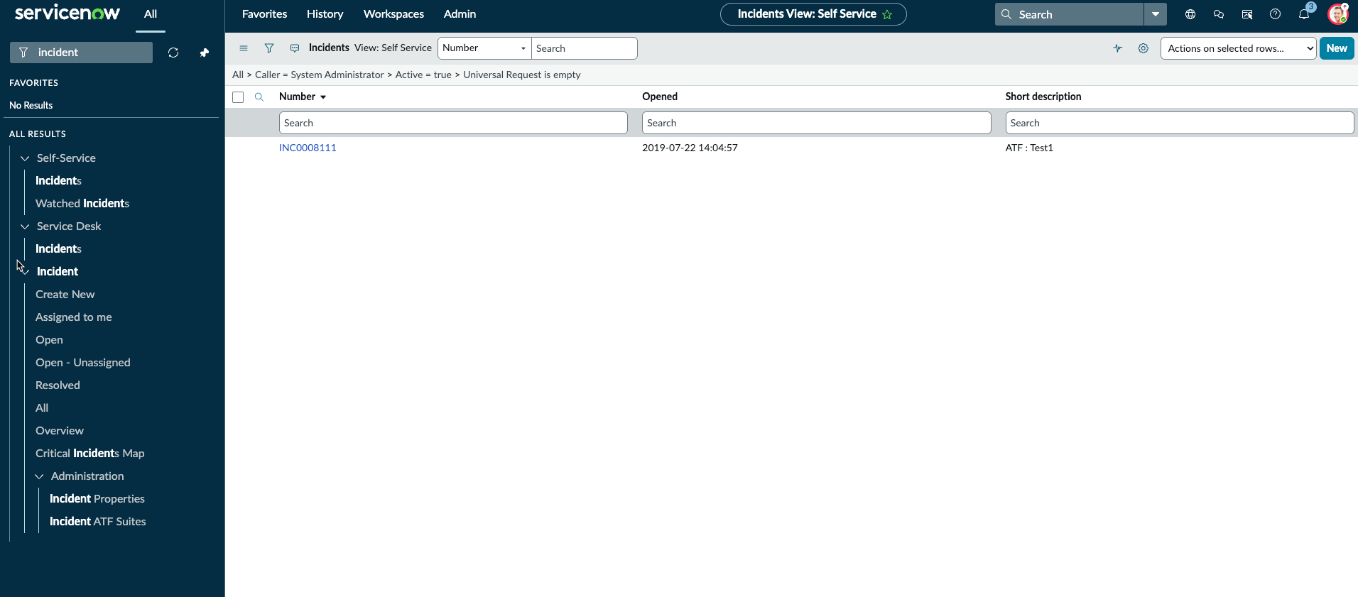 Table d’incidents après une connexion réussie