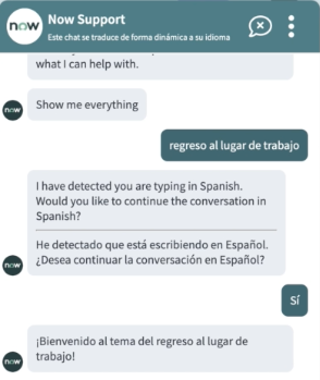 Agent virtuel détecte un énoncé en espagnol et demande à l’utilisateur s’il souhaite changer, en anglais et en espagnol.