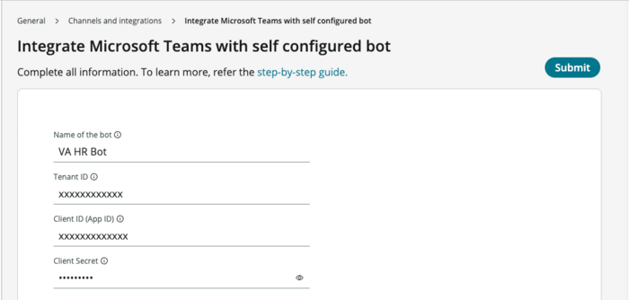 Intégrer Microsoft Teams à la fenêtre du bot autoconfiguré dans les paramètres Intégrations conversationnelles : canaux et intégrations.