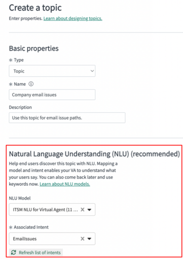 La section Compréhension du langage naturel s’affiche dans l’onglet Propriétés lorsque NLU est activé. Sélectionnez un modèle NLU existant et l’intention associée ou créez-en de nouveaux.