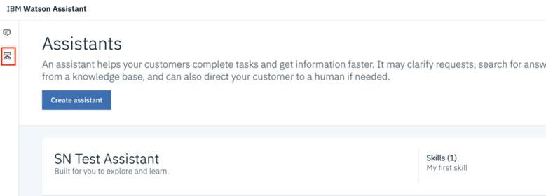 Liste des assistants avec l’icône de l’arborescence des compétences mise en IBM Watson Assistant surbrillance.