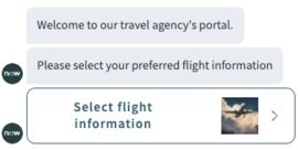 Une fenêtre de messagerie instantanée affiche un bouton personnalisé. On peut y lire : « Sélectionnez des informations de vol » et comprend une photo d’un avion.