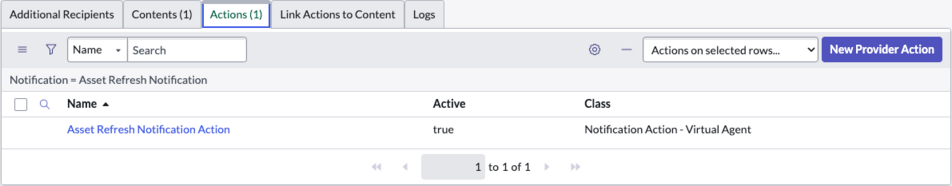 L’enregistrement Actions de notification d’actualisation des actifs s’affiche dans l’onglet Actions de la notification.