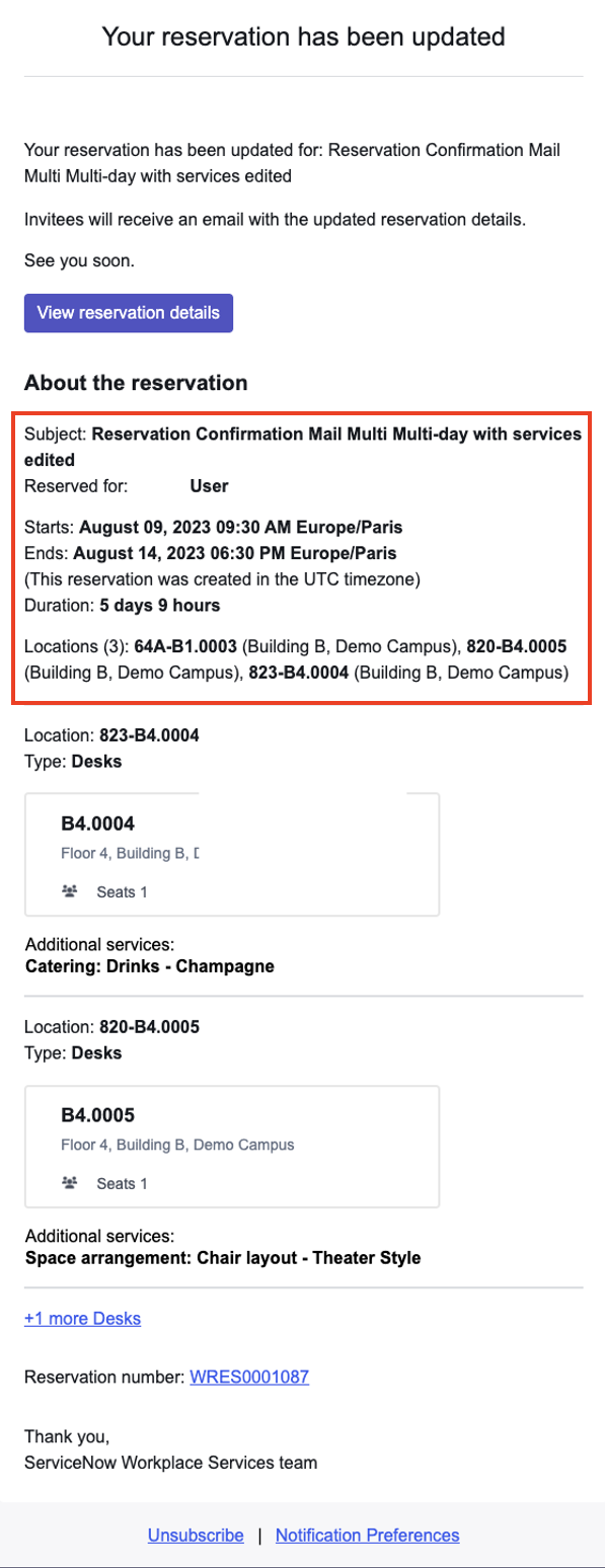 Email notification for multi-day reservation showing the number of days a space has been reserved for.