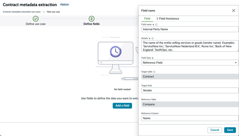 Field information for contract metadata extraction.