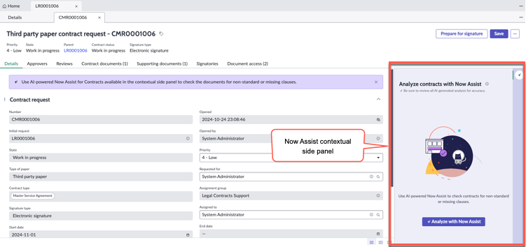 Analyze contracts with Now Assist contextual side panel