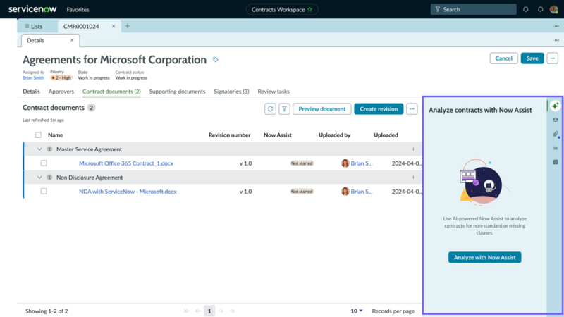 Analise contratos com Now Assist painel lateral contextual.
