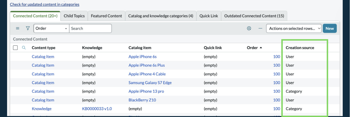 Creation source list of Connected Content tab in a Topic