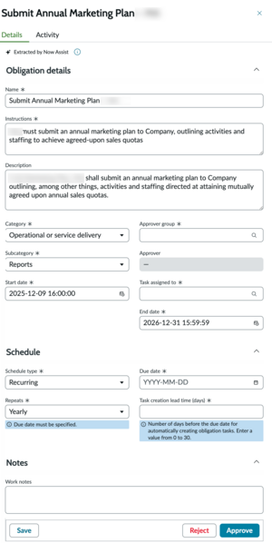 Obligation details form displaying the information extracted by AI.