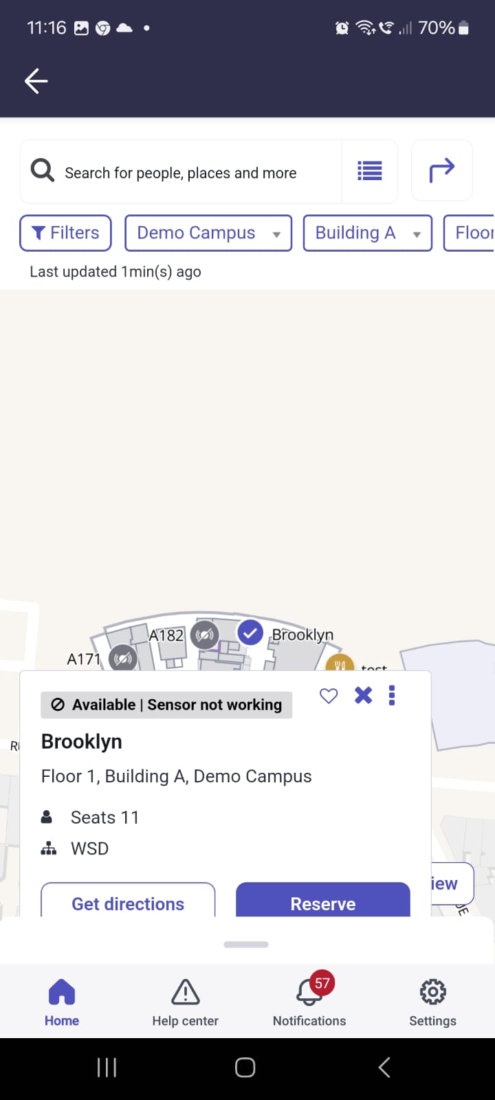 Select space on the map showing space card details panel on Now Mobile Location directory .