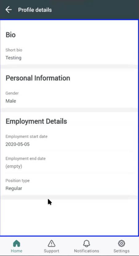 Mobile view of employee profile