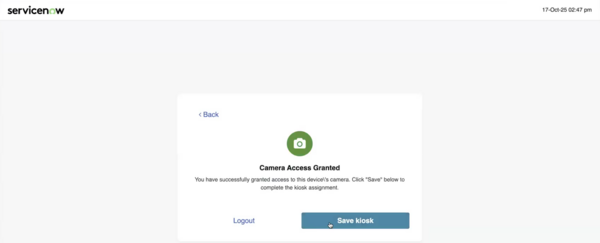 Allow access to your device's camera for a kiosk. Save the kiosk to complete kiosk assignment to your device.