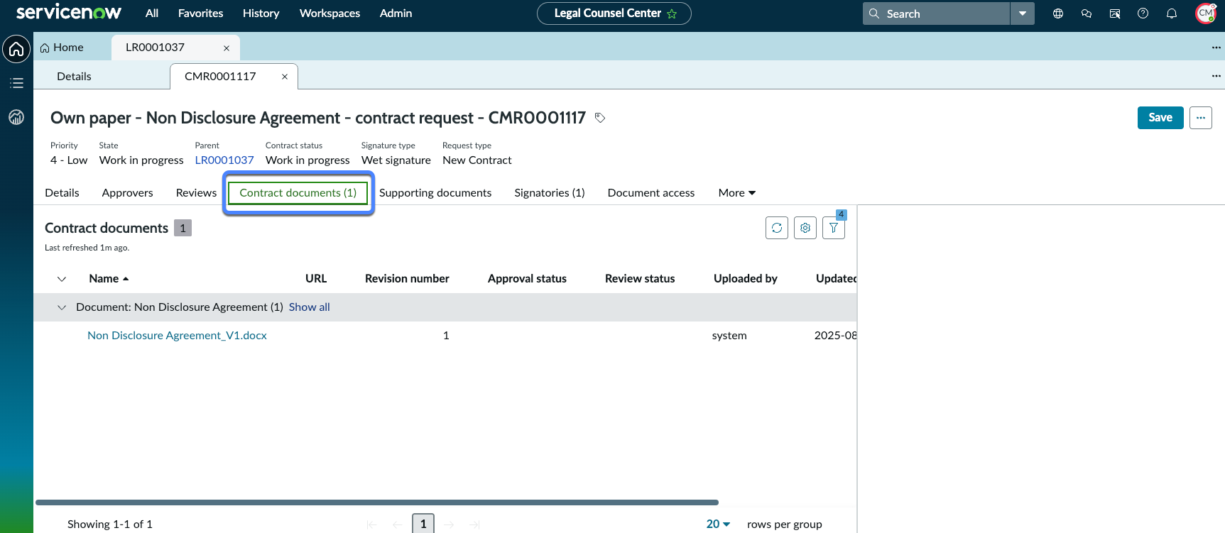 The contract document related list is available in your record