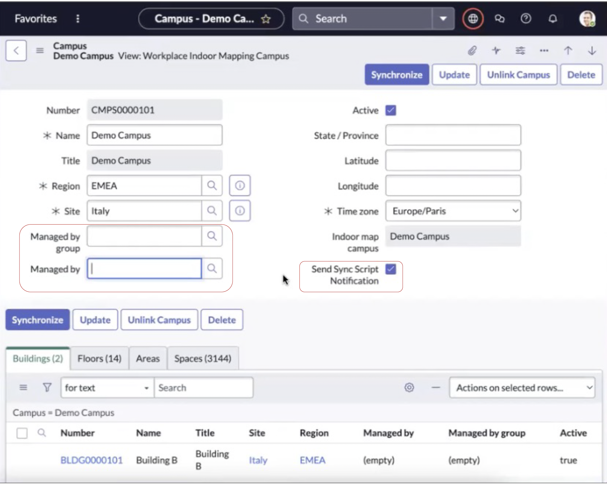 Campus form showing Send syn script notification.