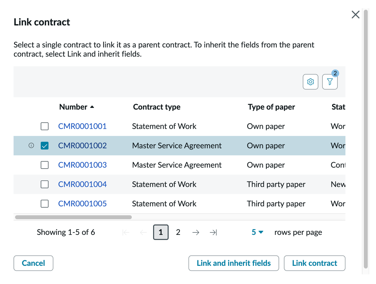 Link contract window with for linking parent contracts.