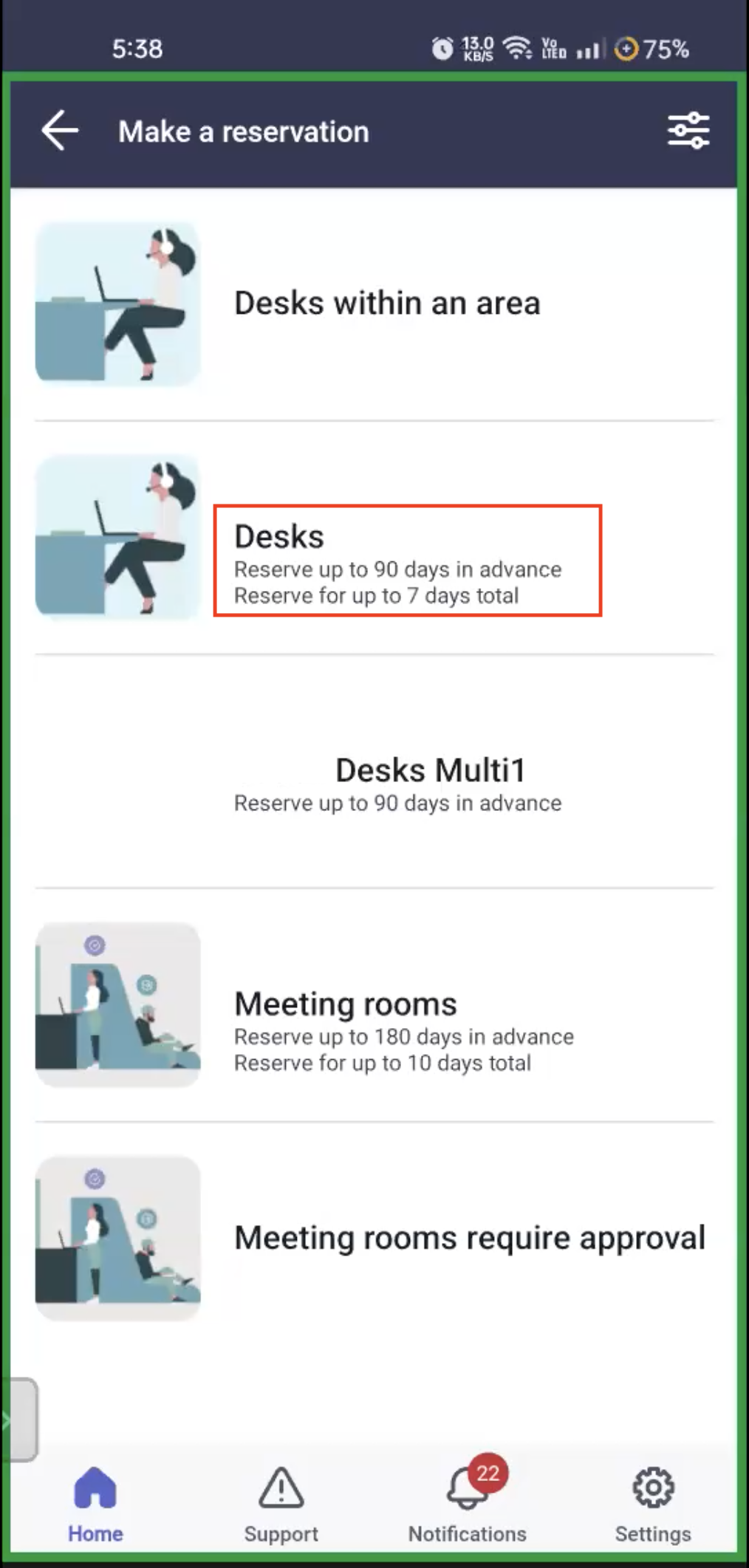 Max days for multi-day value of 7 and Max days in future of 90 days shown on the Make a reservation screen.