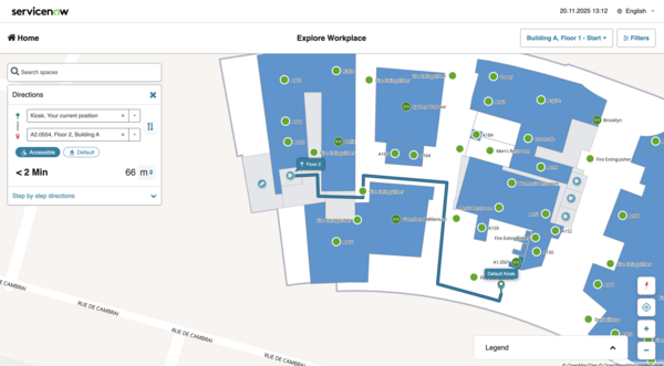 Options to get directions on the map using the Accessible or Default options.