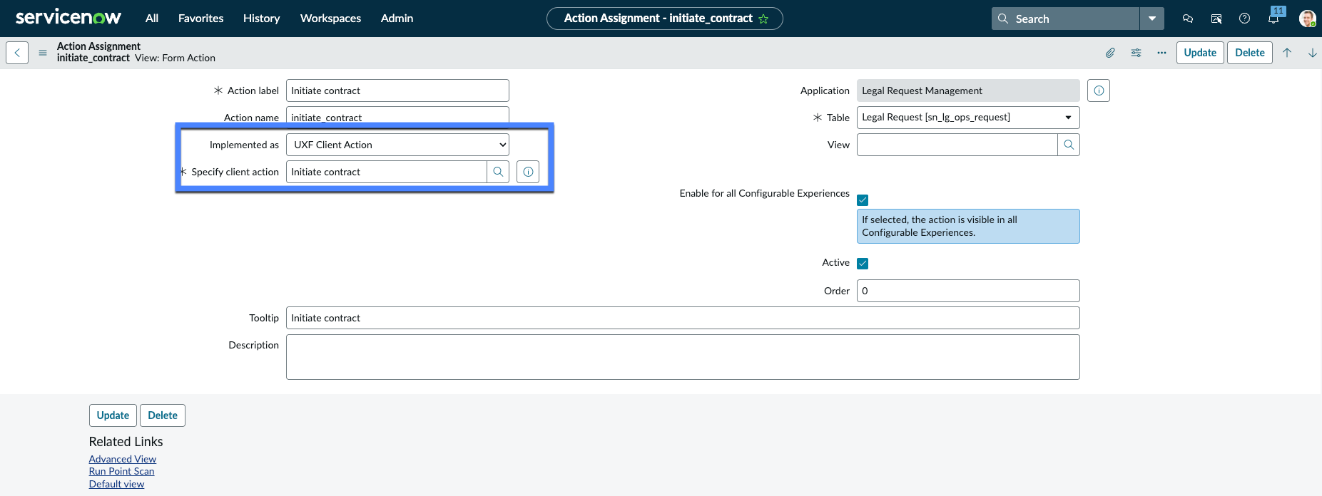 Add initiate contract declarative action to your workspace