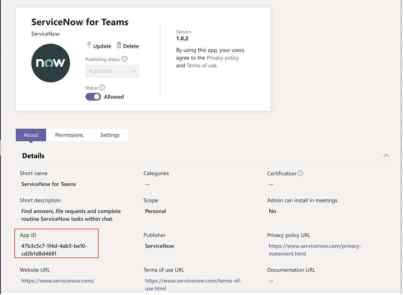 App ID of the ServiceNow for Teams app