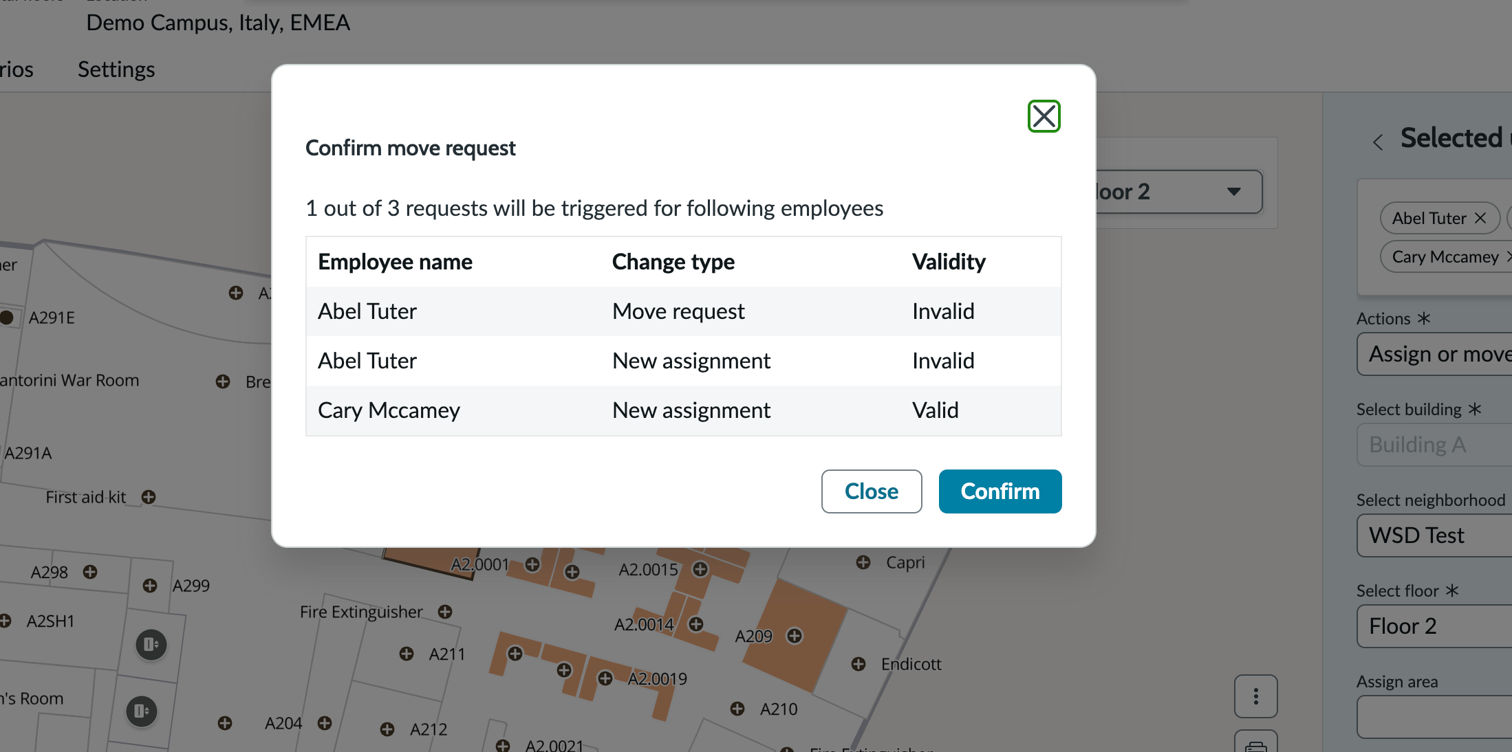 Building overview screen with a confirm move request pop-up, which displays invalid actions for Abel Tuter.