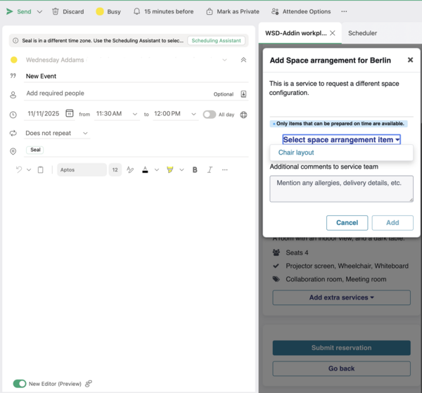 Add a space arrangement for a location. Select Chair layout from the list option for space arrangement.