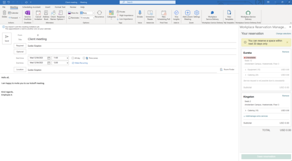 MS outlook add in showing your resevation.