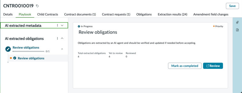 Contract playbook displaying extracted obligations details.